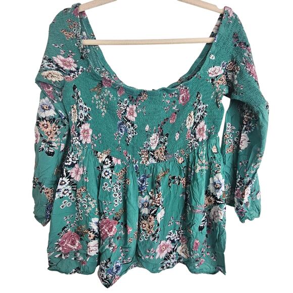 Torrid Blouse Smocked Teal Floral Print Off Shoulder Blouse Women 1X 3/4 Sleeve - Picture 1 of 7